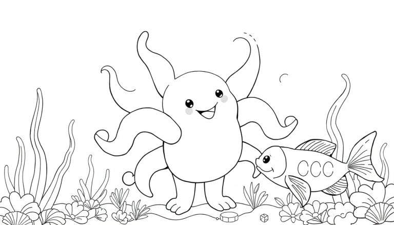 Um polvo e um peixe de desenho animado sorridentes em um fundo do mar com algas e conchas, para um color panel.