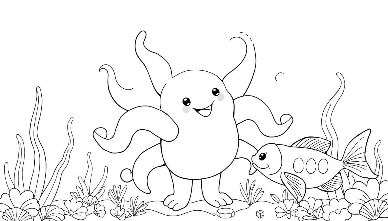 Um polvo e um peixe de desenho animado sorridentes em um fundo do mar com algas e conchas, para um color panel.