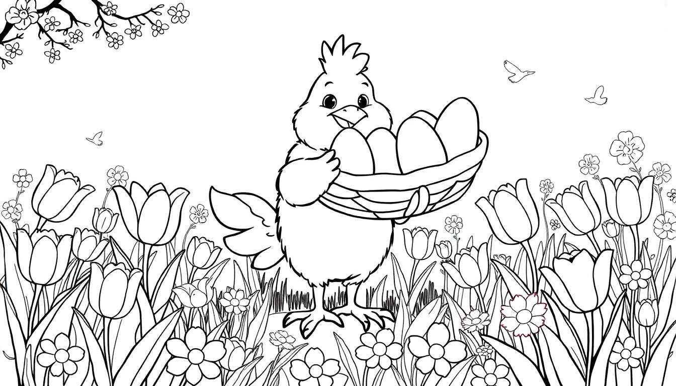 Página para colorir a preto e branco de um pintainho segurando uma cesta de ovos rodeado por flores de primavera e pássaros a voar, um color panel.