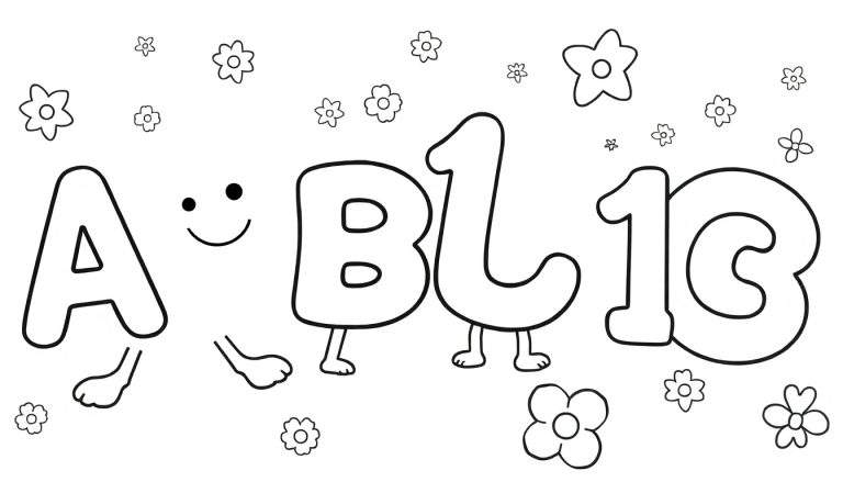 Ilustração em preto e branco estilo livro de colorir de letras e números antropomórficos com um fundo de flores.
