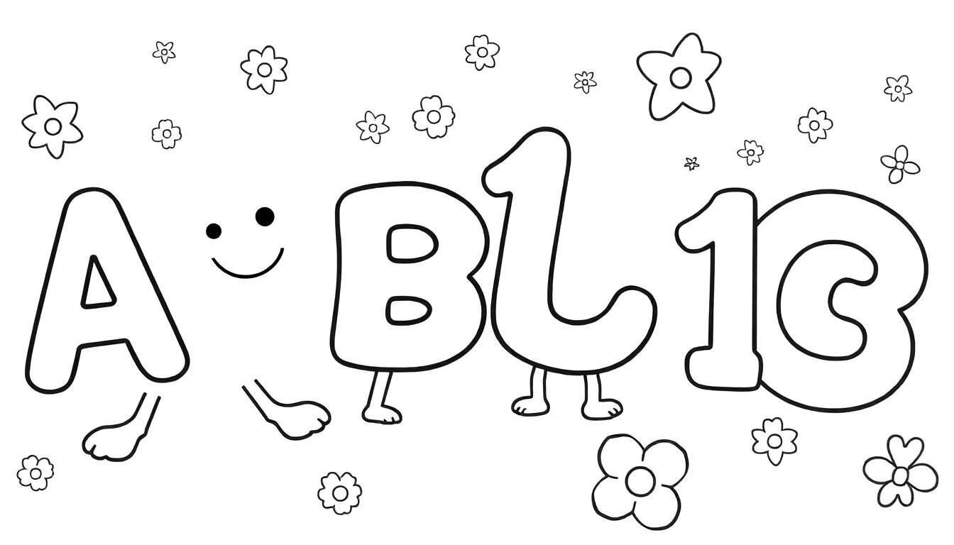 Ilustração em preto e branco estilo livro de colorir de letras e números antropomórficos com um fundo de flores.