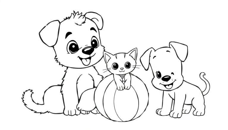Um desenho de linha de um gatinho sentado numa bola listrada com dois cachorros ao lado. O cachorro da esquerda é maior e o da direita é menor.