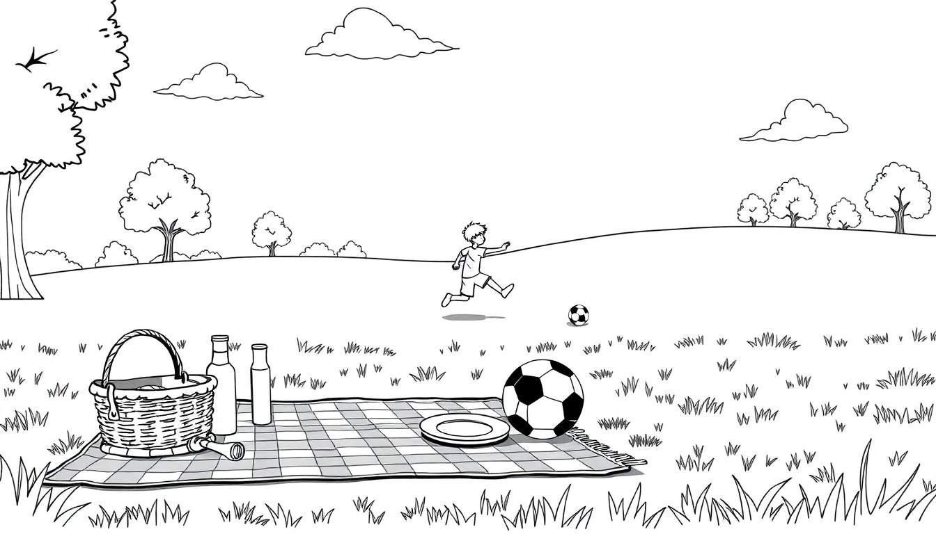 Um dia de piquenique com uma cesta, bola de futebol e um menino correndo no parque, um color panel vibrante.