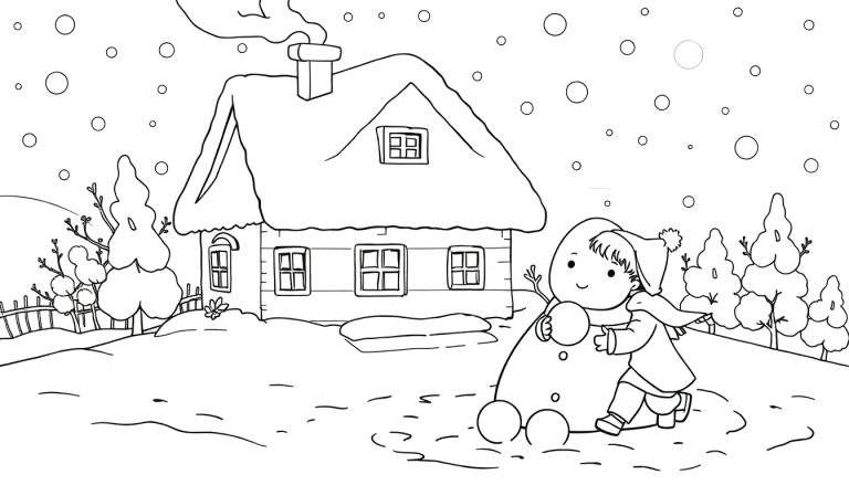 Um desenho em preto e branco de uma criança construindo um boneco de neve em um dia de inverno.