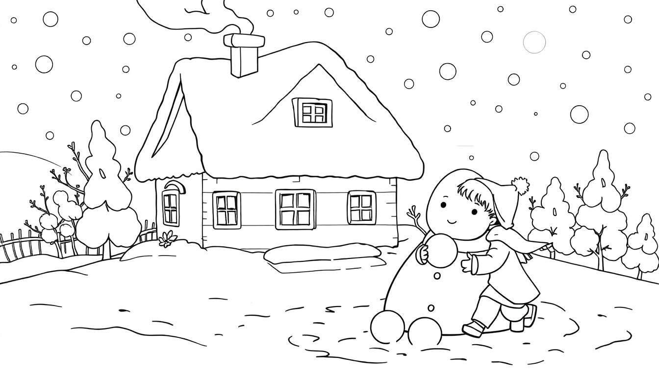 Um desenho em preto e branco de uma criança construindo um boneco de neve em um dia de inverno.