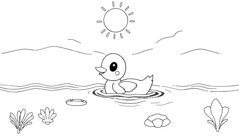 Um patinho fofo nada alegremente em um lago com um sol sorridente no céu, pronto para colorir o seu color panel.