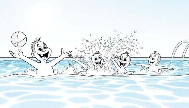 Um desenho de quatro meninos a brincar numa piscina azul clara, com salpicos de água e diversão.