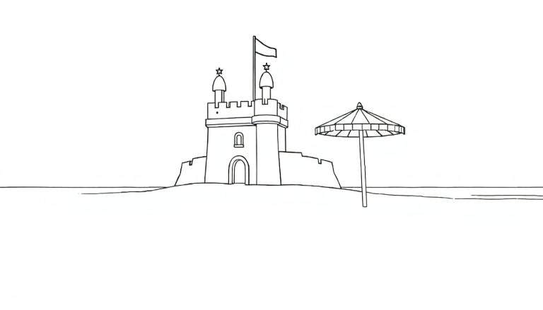 Castelo de areia com guarda-chuva na praia.