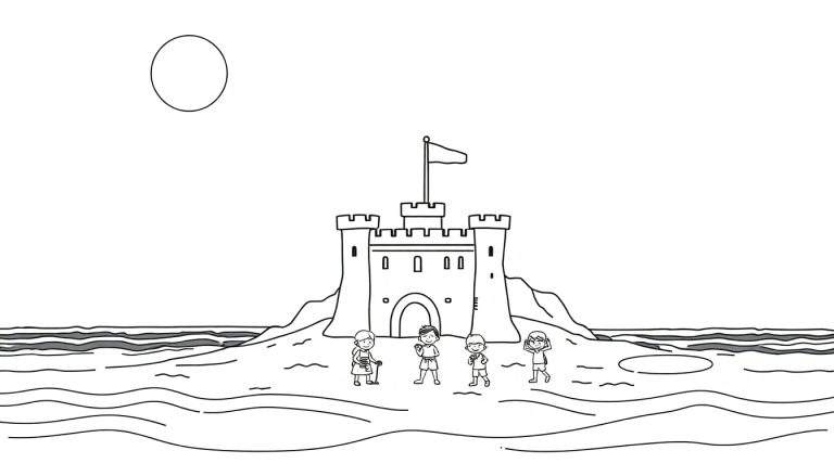 Um desenho em preto e branco de quatro crianças a construir um castelo de areia numa praia, com o sol no céu.