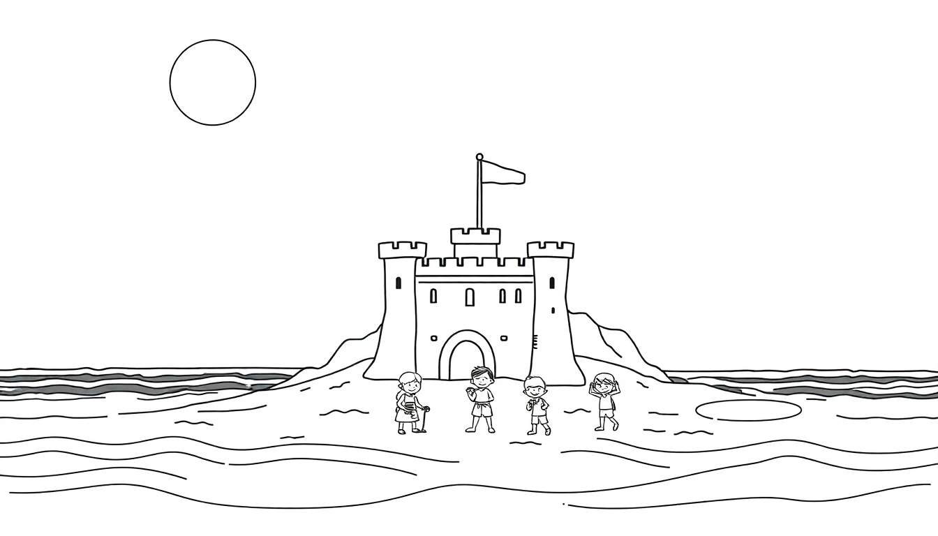 Um desenho em preto e branco de quatro crianças a construir um castelo de areia numa praia, com o sol no céu.