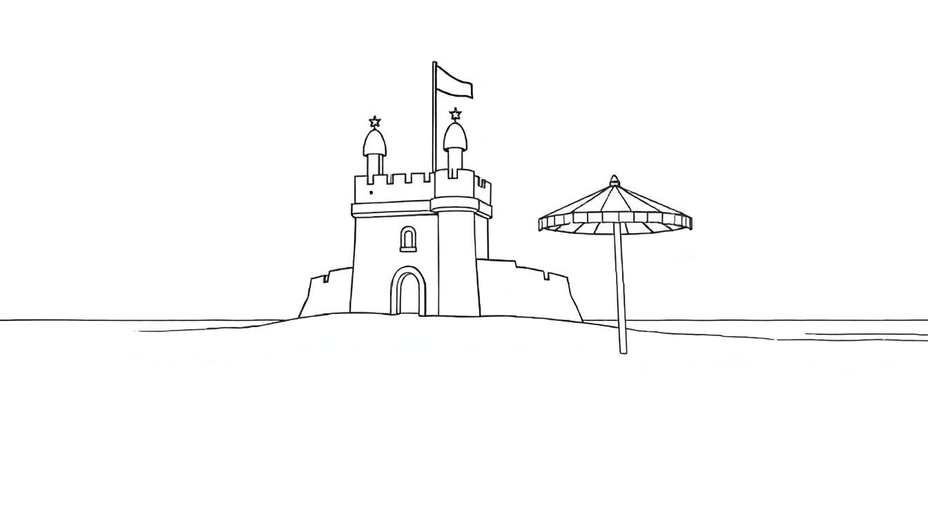 Castelo de areia com guarda-chuva na praia.