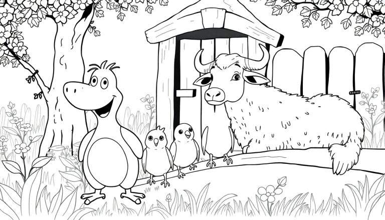 Um desenho em preto e branco de uma vaca peluda sentada, com filhotes de pássaros e um pássaro grande sorridente, perto de um celeiro e uma árvore florida. Um livro para colorir com um color panel.