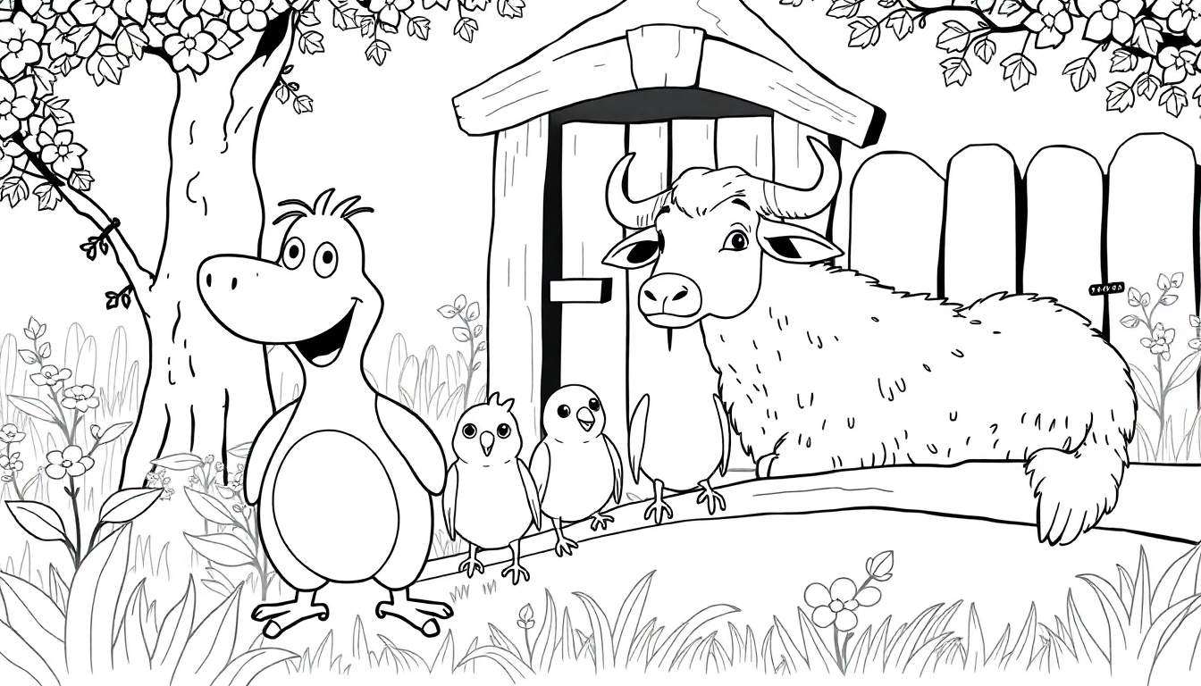 Um desenho em preto e branco de uma vaca peluda sentada, com filhotes de pássaros e um pássaro grande sorridente, perto de um celeiro e uma árvore florida. Um livro para colorir com um color panel.