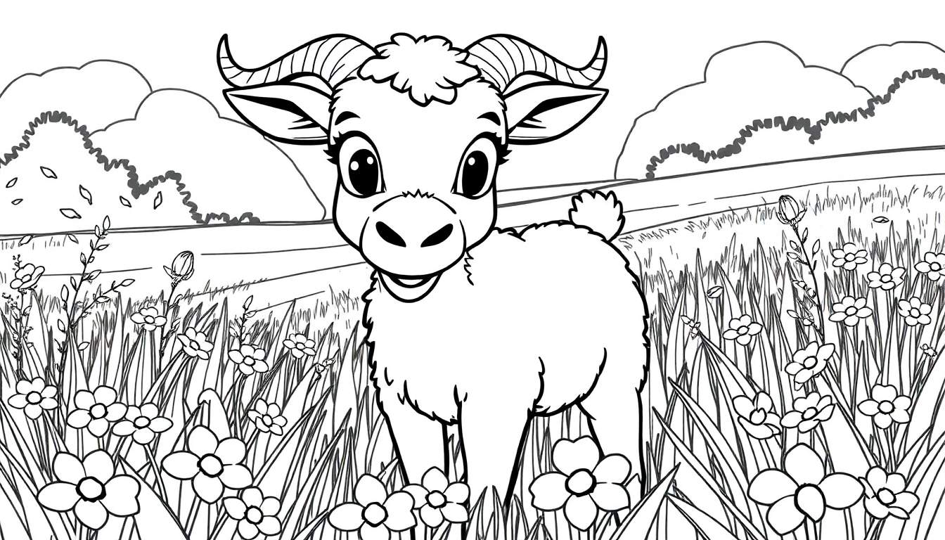 Um cabrito simpático num color panel rodeado de flores.