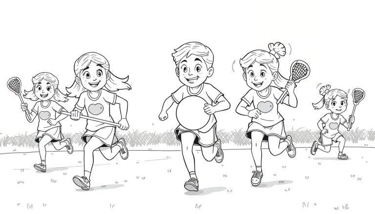 Crianças sorrindo em um campo de grama, algumas segurando tacos esportivos e uma bola, um color panel animado de diversão.