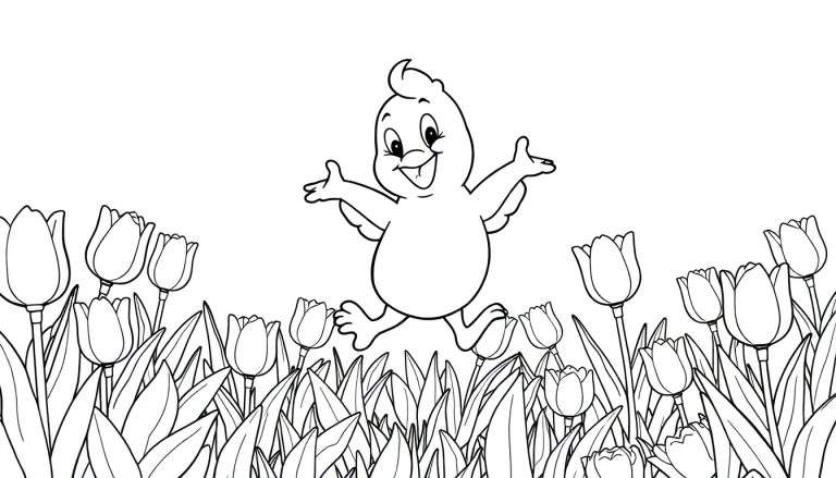 Um pintinho sorridente pulando em um campo de tulipas, em um desenho animado color panel.