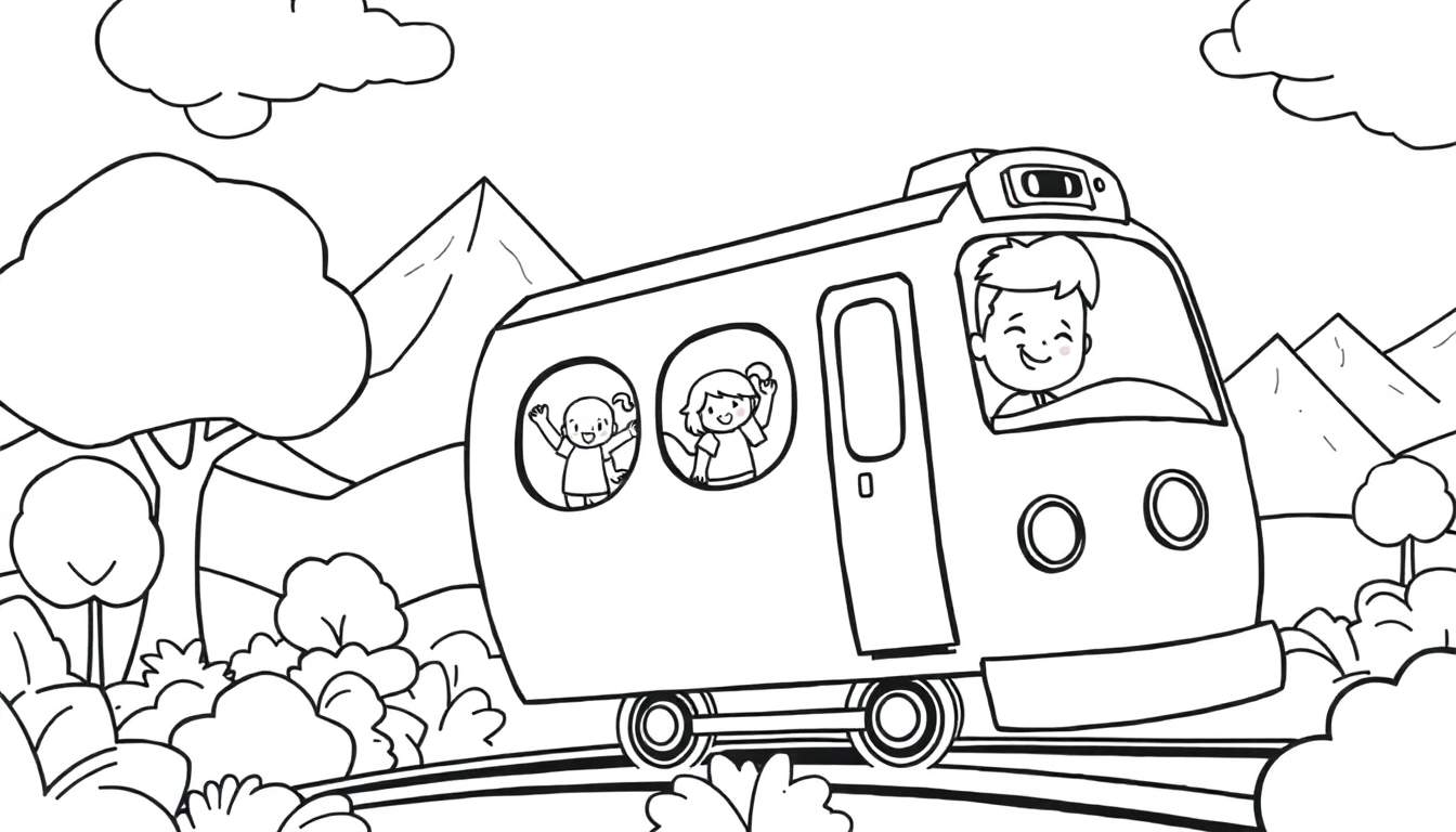 Um desenho em preto e branco de um comboio a vapor com um condutor sorridente e crianças a acenar. O comboio viaja por uma paisagem com árvores e montanhas. O design é infantil, adequado para um color panel.
