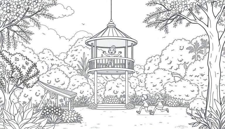 Desenho em preto e branco de um jardim com um gazebo e crianças brincando. Um color panel vibrante de verde e alegria.