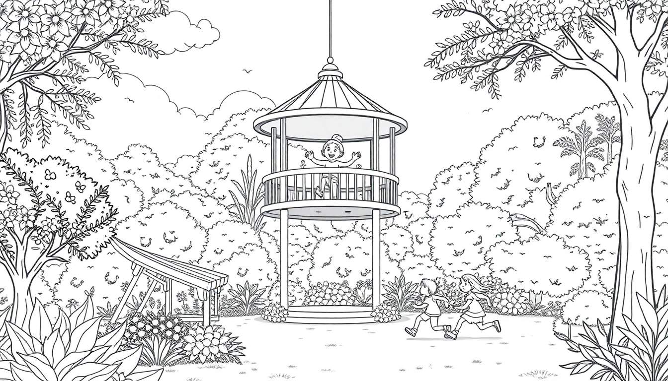 Desenho em preto e branco de um jardim com um gazebo e crianças brincando. Um color panel vibrante de verde e alegria.