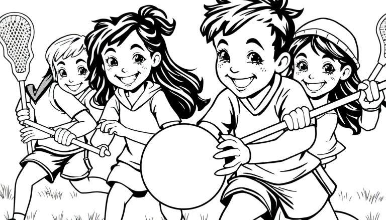 Crianças jogando lacrosse em um desenho preto e branco, sorrindo e segurando tacos.