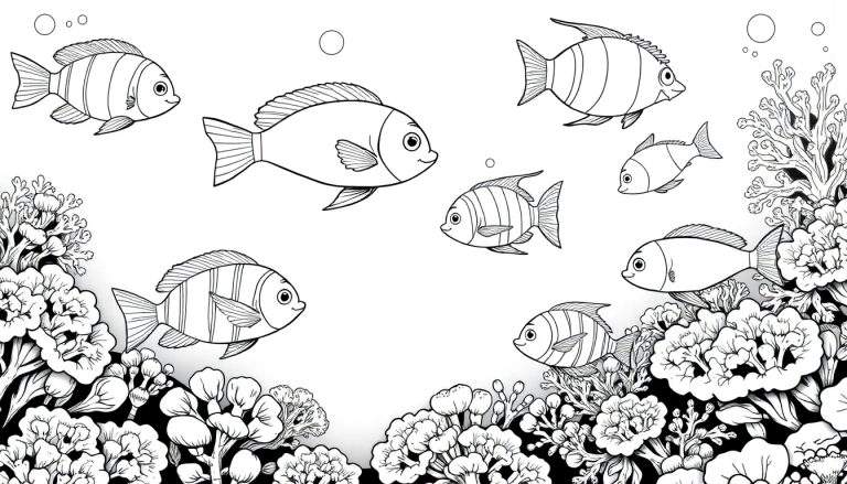 Desenho infantil em preto e branco de um ecossistema marinho com peixes sorridentes e corais. Inclui um color panel.