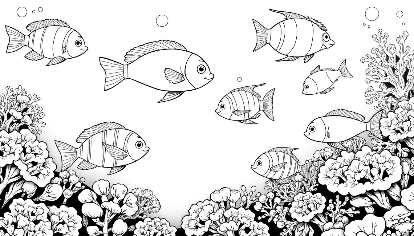 Desenho infantil em preto e branco de um ecossistema marinho com peixes sorridentes e corais. Inclui um color panel.