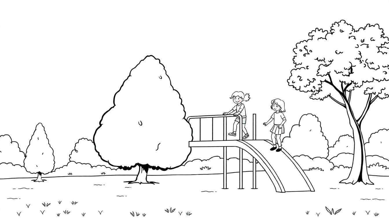 Duas meninas num escorrega num parque, com árvores e arbustos ao redor. Um color panel de diversão e brincadeira.