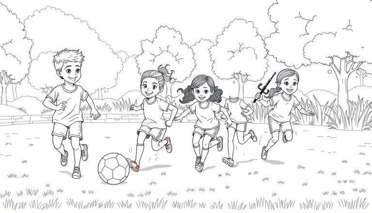 Desenho a preto e branco de cinco crianças a jogar futebol num parque. O menino da frente corre atrás da bola, com quatro meninas a segui-lo. Uma menina segura um guarda-chuva. Inclui árvores, relva e um muro de pedra. Estilo de livro de colorir, color panel.