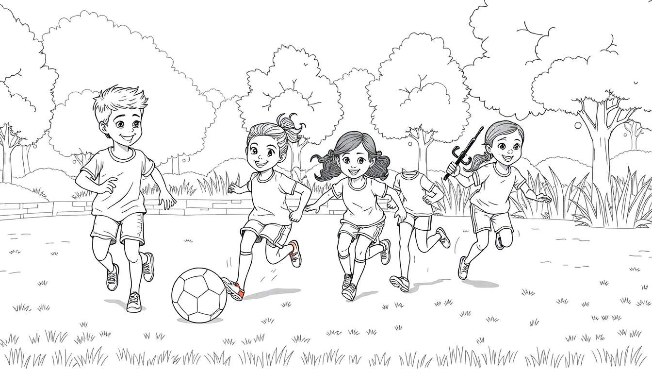 Desenho a preto e branco de cinco crianças a jogar futebol num parque. O menino da frente corre atrás da bola, com quatro meninas a segui-lo. Uma menina segura um guarda-chuva. Inclui árvores, relva e um muro de pedra. Estilo de livro de colorir, color panel.