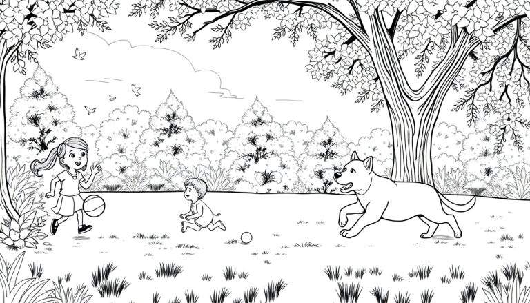 Menina, menino e cachorro correndo num gramado, com árvores ao fundo.