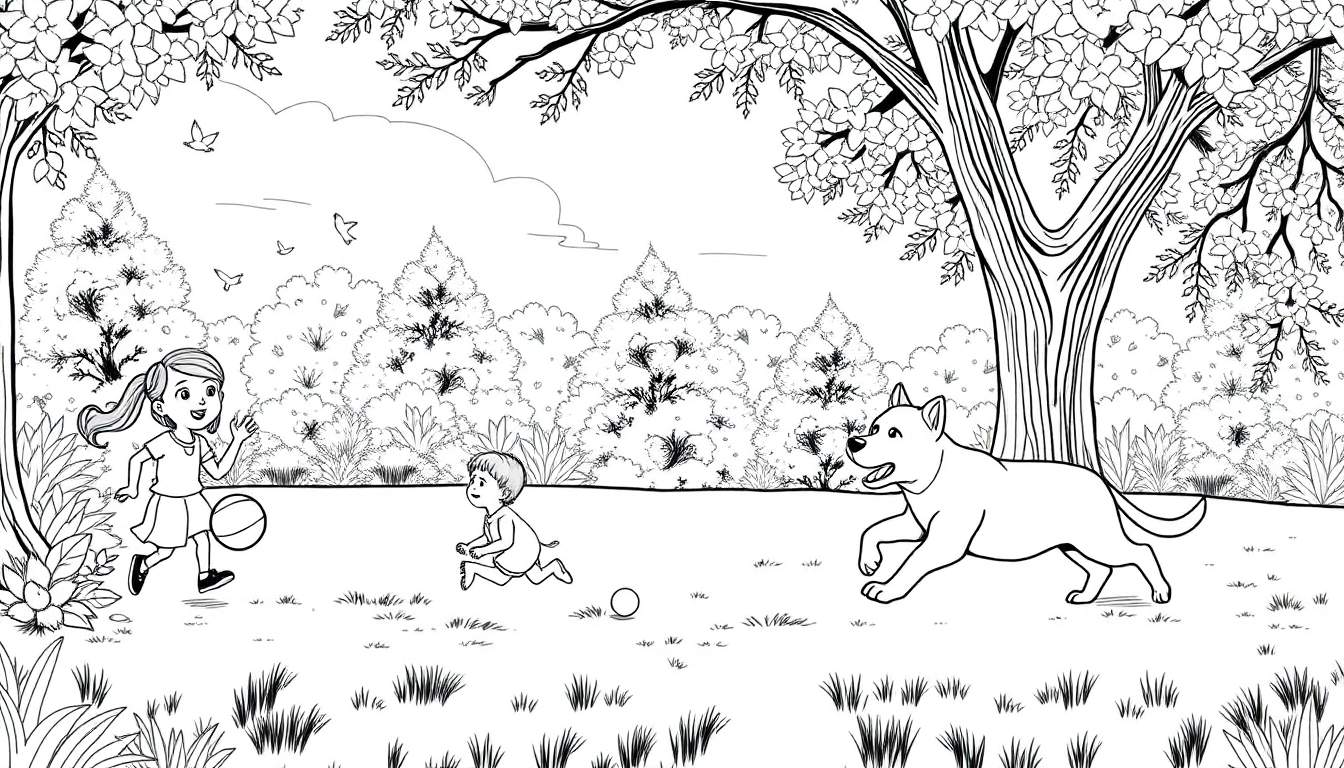 Menina, menino e cachorro correndo num gramado, com árvores ao fundo.