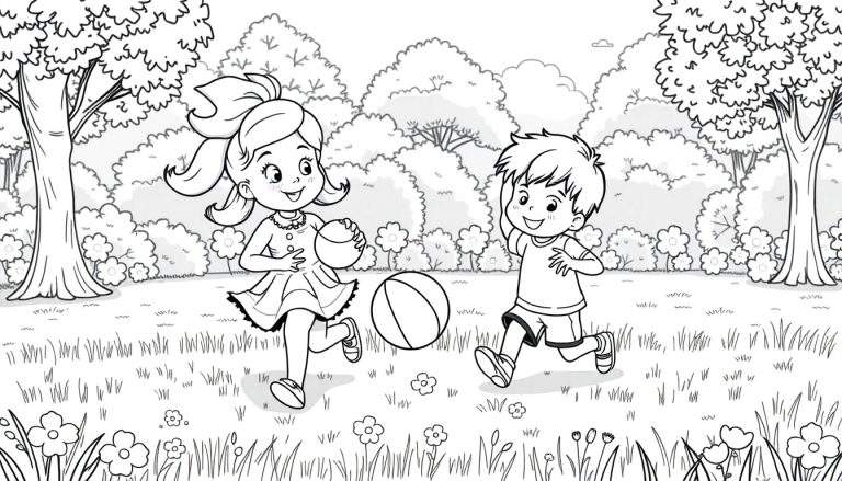 Um color panel preto e branco de uma menina e um menino correndo num parque.