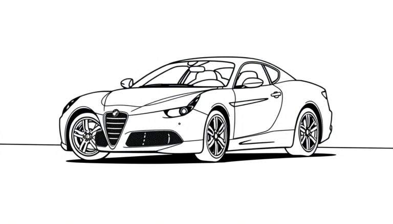 Um desenho em preto e branco de um carro esportivo Alfa Romeo, perfeito para colorir.