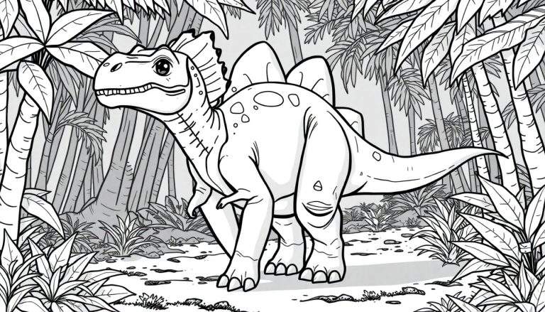 Um dinossauro herbívoro amigável com placas nas costas, em preto e branco, explorando uma floresta.
