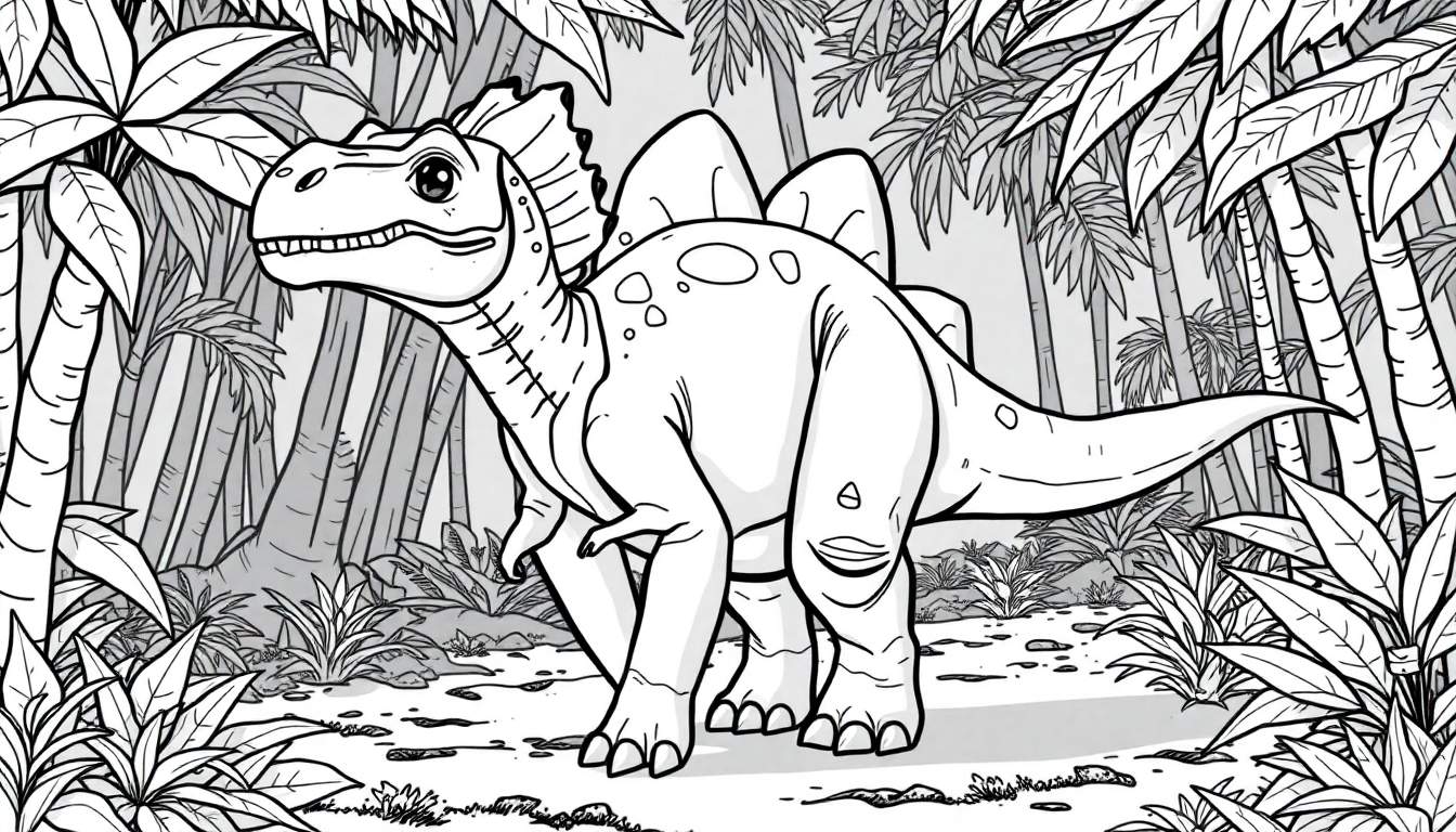 Um dinossauro herbívoro amigável com placas nas costas, em preto e branco, explorando uma floresta.