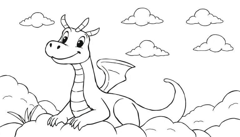 Um dragão de desenho animado amigável com um sorriso, chifres, uma asa pequena e cauda, sentado em uma nuvem em um céu azul com nuvens fofas ao redor. Adequado para um color panel.