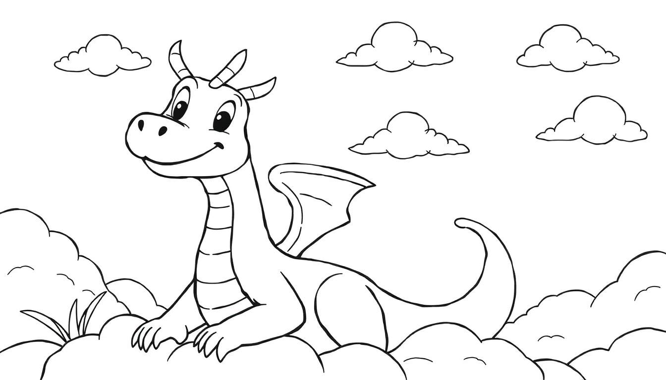 Um dragão de desenho animado amigável com um sorriso, chifres, uma asa pequena e cauda, sentado em uma nuvem em um céu azul com nuvens fofas ao redor. Adequado para um color panel.