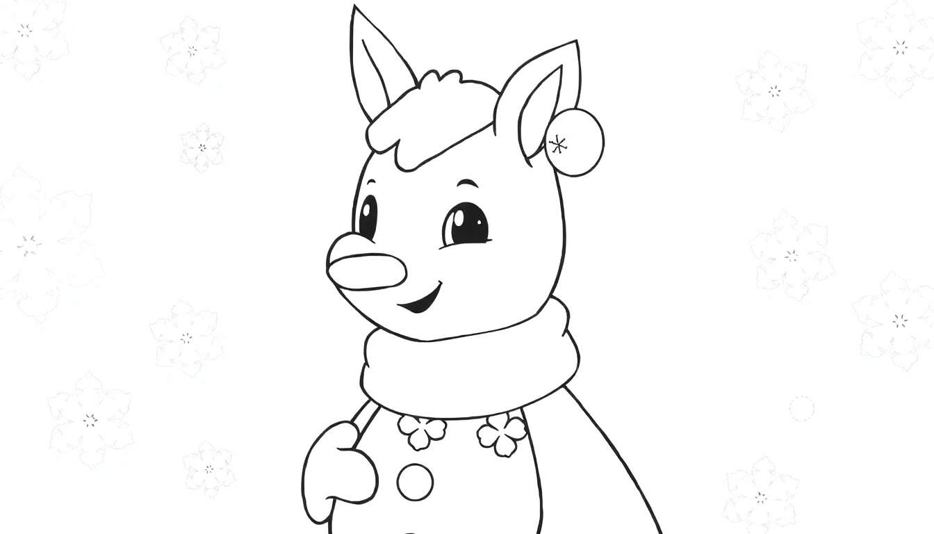 Um desenho de um cervo amigável em estilo infantil, com um lenço, top florido, orelhas grandes e um nariz redondo. Flocos de neve tênues ao fundo, sugerindo um tema de inverno. Ideal para um color panel.