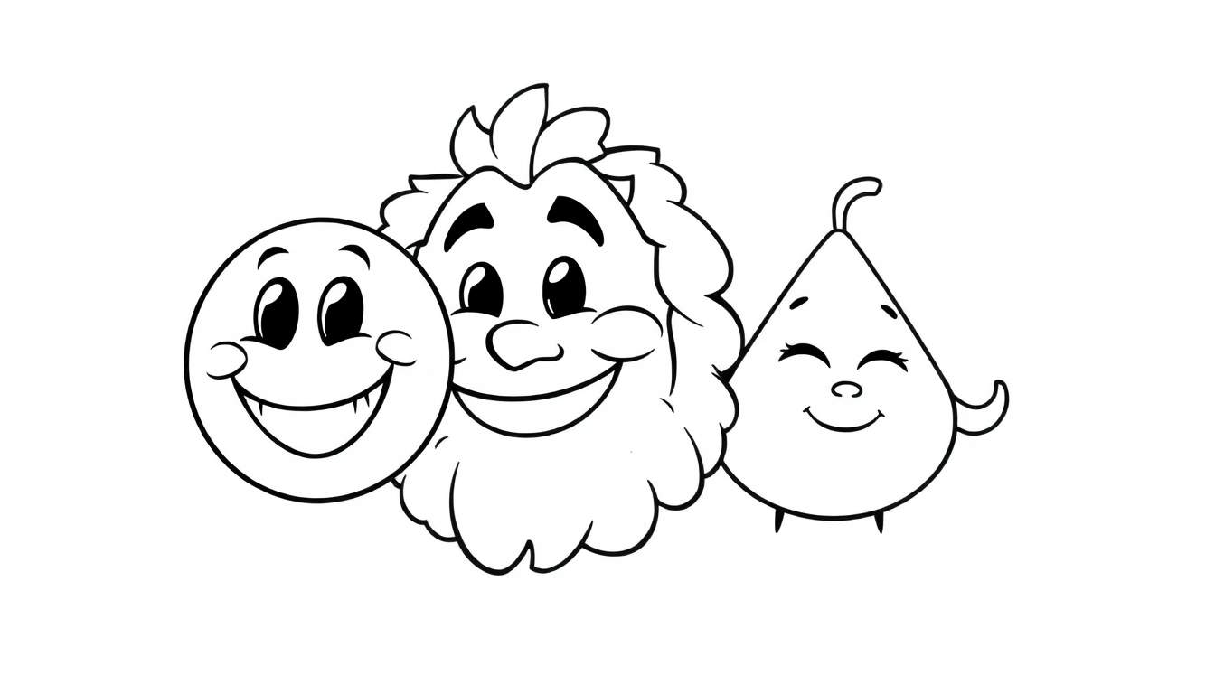 Um círculo feliz, uma figura barbuda sorridente e uma forma de pêra com braços curvos, todos parte de um color panel.