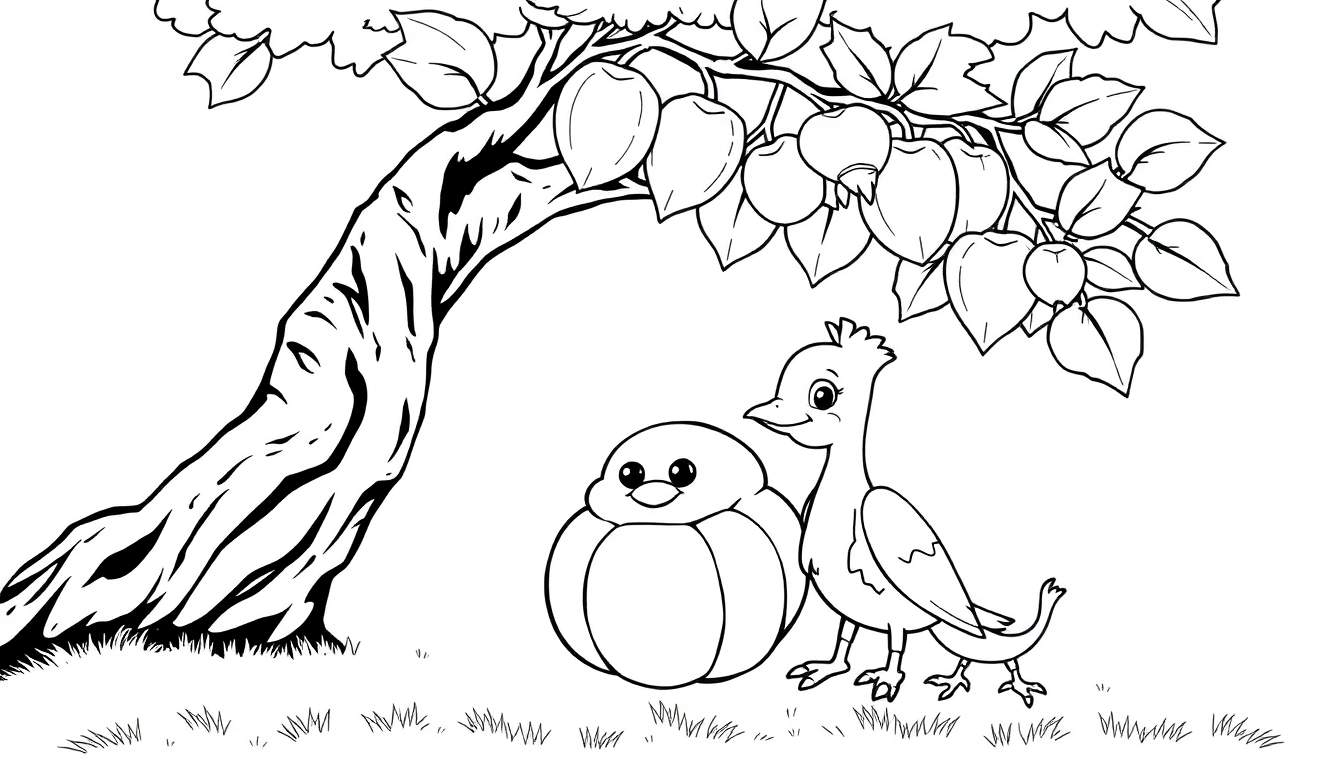 Uma criatura fofinha e uma ave de pescoço comprido desfrutam da sombra de uma árvore num desenho a preto e branco, pronto para ser colorido.