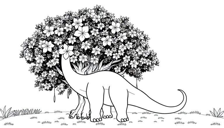 Um desenho de braquiossauro para colorir em um campo com uma árvore florida.
