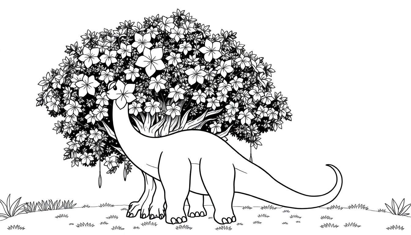 Um desenho de braquiossauro para colorir em um campo com uma árvore florida.