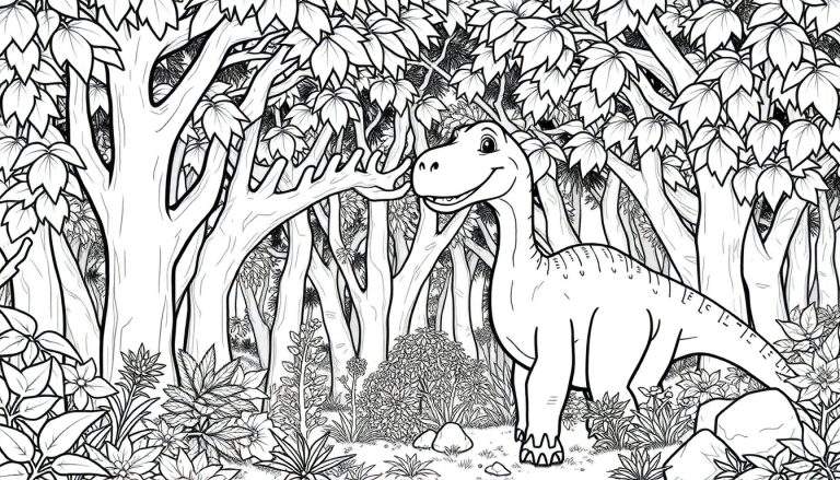 Um desenho em preto e branco de um dinossauro de pescoço longo, como um Diplodoco, sorrindo em uma floresta densa. O estilo é de um color panel.