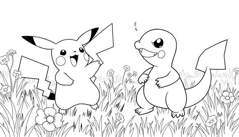 Pikachu e Charmander sorrindo em um campo de grama com flores. Um color panel vibrante para as crianças.