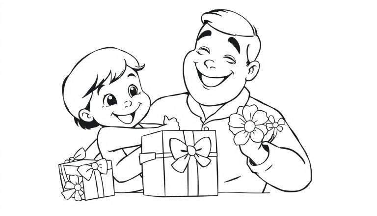 Um desenho em preto e branco de um pai sorridente a segurar uma flor e o seu filho sorridente atrás de dois presentes com fitas, tudo num color panel.