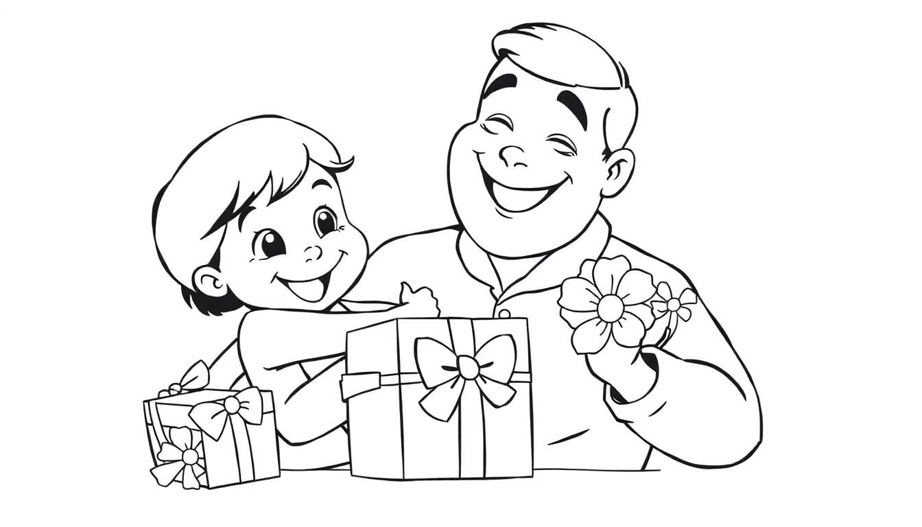 Um desenho em preto e branco de um pai sorridente a segurar uma flor e o seu filho sorridente atrás de dois presentes com fitas, tudo num color panel.