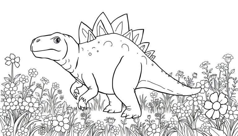 Um desenho em linha de um anquilossauro com espinhos nas costas a caminhar num campo cheio de flores, pronto para ser colorido, como um color panel.