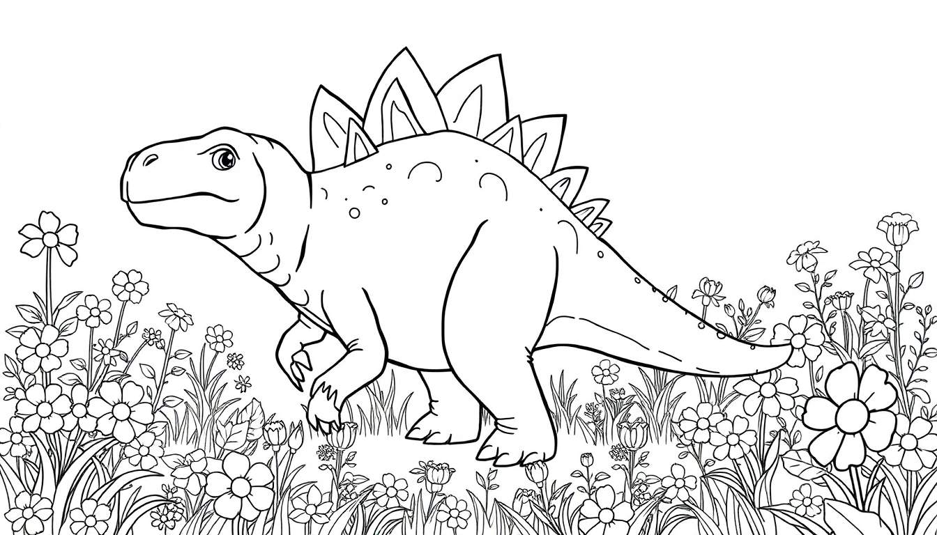 Um desenho em linha de um anquilossauro com espinhos nas costas a caminhar num campo cheio de flores, pronto para ser colorido, como um color panel.