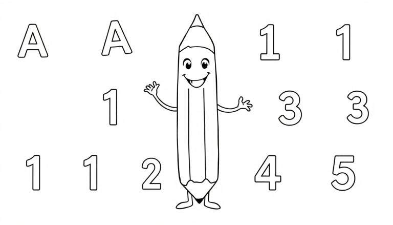 Um lápis sorridente em um color panel ensinando letras e números.