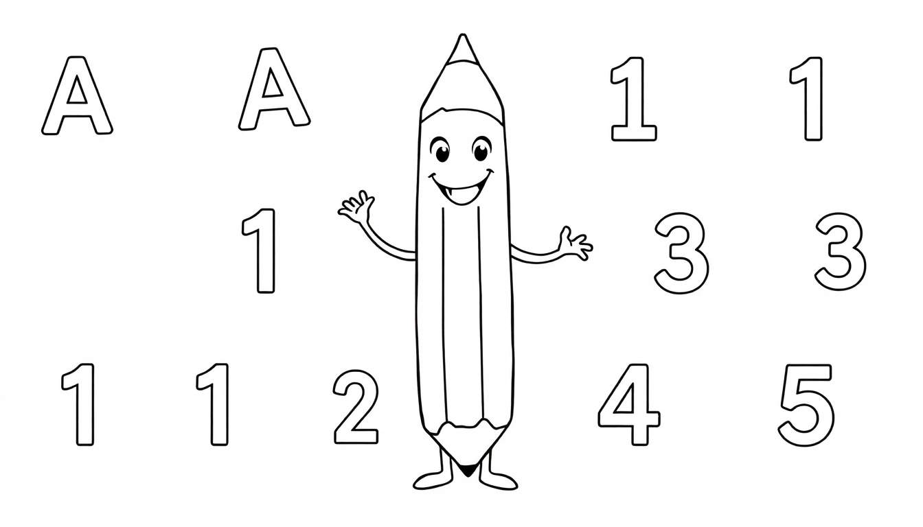 Um lápis sorridente em um color panel ensinando letras e números.